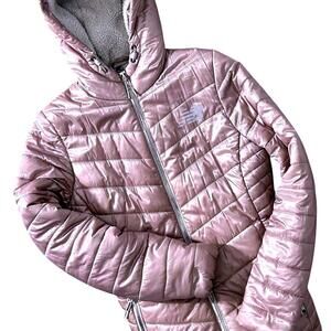 NEW BALANCE Womens (M) Lilac Quilted Puffer Hooded Long Jacket Fleece Lining